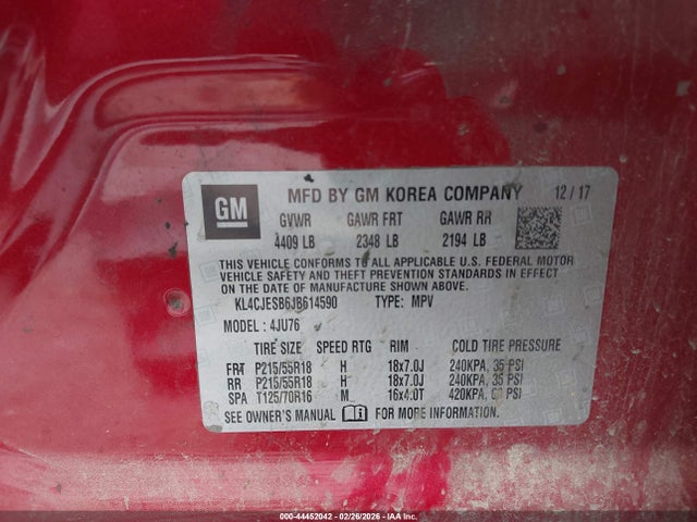 2018 Buick Encore Preferred მანქანა იყიდება აუქციონზე, vin: KL4CJESB6JB614590, აუქციონის ნომერი: 44452042
