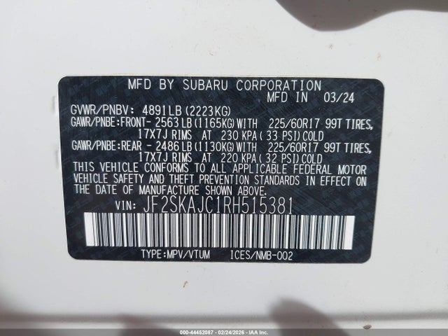 44452087 :رقم المزاد ، JF2SKAJC1RH515381 vin ، 2024 Subaru Forester Wilderness مزاد بيع