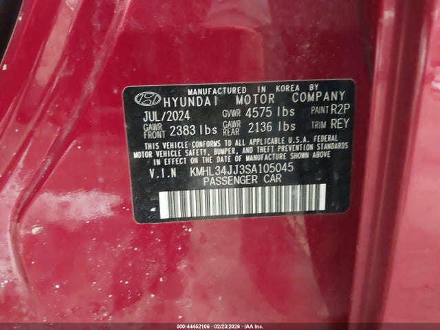 44452106 :رقم المزاد ، KMHL34JJ3SA105045 vin ، 2025 Hyundai Sonata Hybrid Sel مزاد بيع