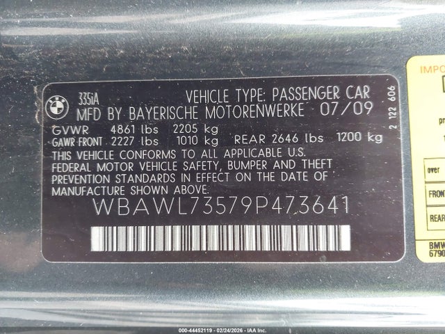 Продажа на аукционе авто 2009 Bmw 335i, vin: WBAWL73579P473641, номер лота: 44452119