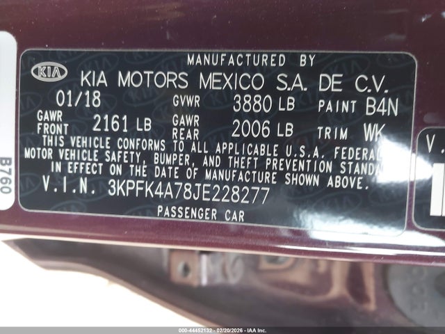 Продаж на аукціоні авто 2018 Kia Forte Lx, vin: 3KPFK4A78JE228277, номер лоту: 44452132