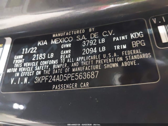 Aukcja sprzedaży 2023 Kia Forte Lxs, vin: 3KPF24AD5PE563687, numer aukcji: 44452135