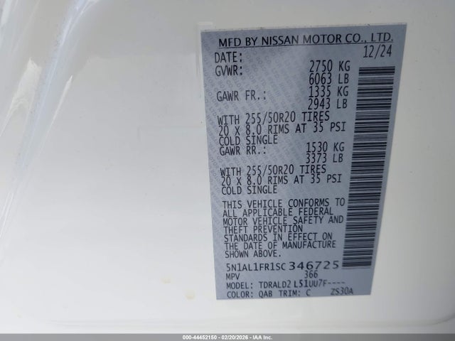 44452150 :رقم المزاد ، 5N1AL1FR1SC346725 vin ، 2025 Infiniti Qx60 Luxe مزاد بيع