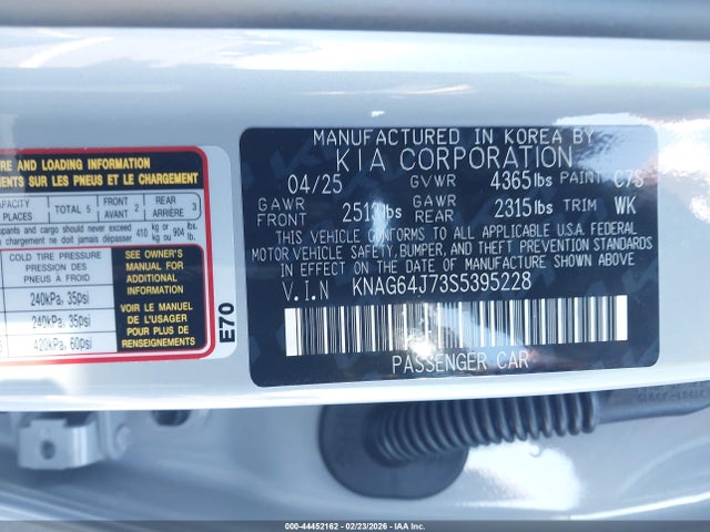 44452162 :رقم المزاد ، KNAG64J73S5395228 vin ، 2025 Kia K5 Gt-line مزاد بيع