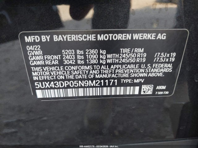 2022 Bmw X3 Sdrive30i მანქანა იყიდება აუქციონზე, vin: 5UX43DP05N9M21171, აუქციონის ნომერი: 44452170