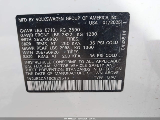 Продаж на аукціоні авто 2025 Volkswagen Atlas 2.0t Se W/technology, vin: 1V2JR2CA1SC529516, номер лоту: 44452221