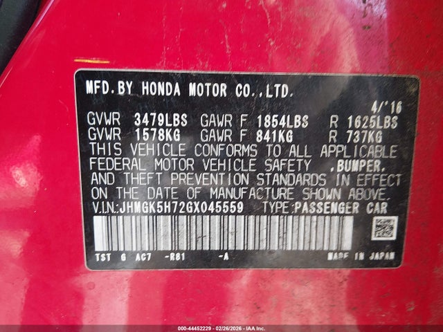 JHMGK5H72GX045559 Honda FIT EX