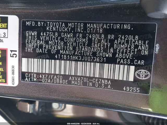 4T1B11HK3JU073631 Toyota CAMRY LE