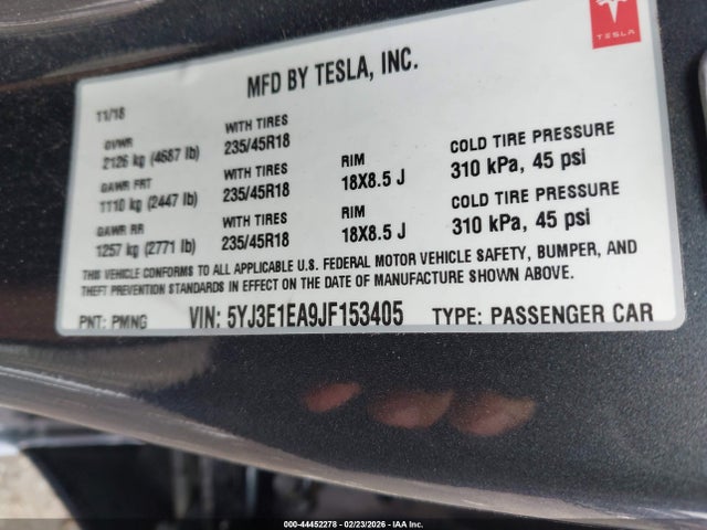 Aukcja sprzedaży 2018 Tesla Model 3 Long Range/mid Range, vin: 5YJ3E1EA9JF153405, numer aukcji: 44452278