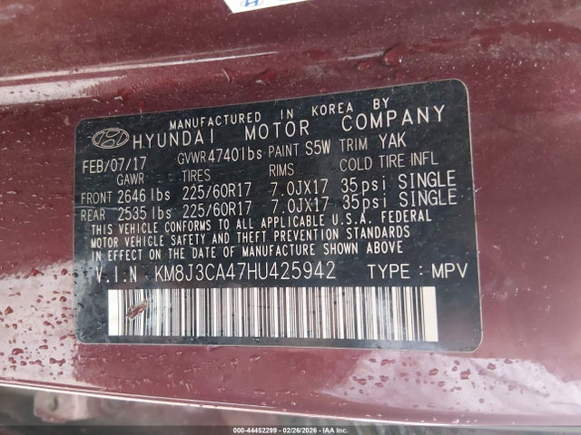 44452299 :رقم المزاد ، KM8J3CA47HU425942 vin ، 2017 Hyundai Tucson Se Plus مزاد بيع