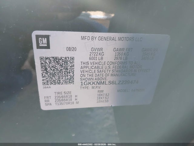 44452302 :رقم المزاد ، 1GKKNMLS6LZ239474 vin ، 2020 Gmc Acadia Fwd Slt مزاد بيع