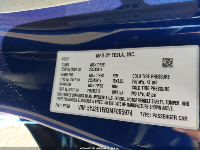 Aukcja sprzedaży 2021 Tesla Model 3 Long Range Dual Motor All-wheel Drive, vin: 5YJ3E1EB3MF005974, numer aukcji: 44452304