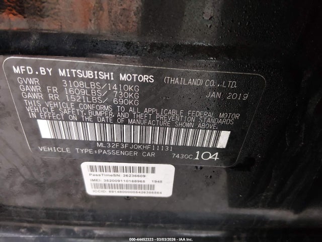 Aukcja sprzedaży 2019 Mitsubishi Mirage G4 Es, vin: ML32F3FJ0KHF11131, numer aukcji: 44452323