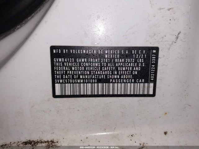 44452326 :رقم المزاد ، 3VWC57BU5MM101090 vin ، 2021 Volkswagen Jetta 1.4t R-line/1.4t S/1.4t Se مزاد بيع