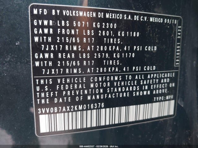3VV0B7AX2KM016376 Volkswagen Tiguan 2.0t S