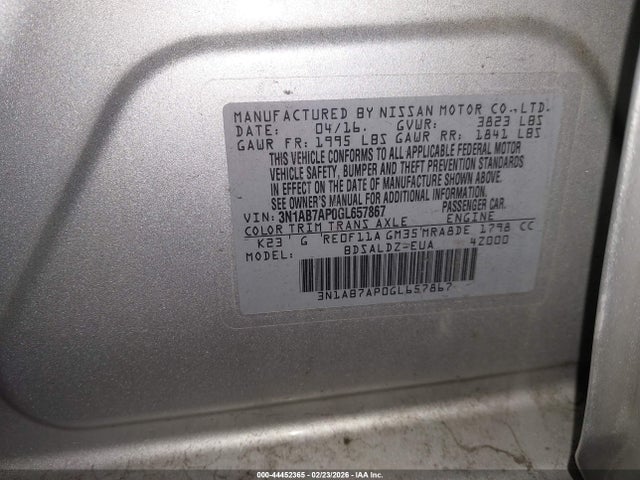 3N1AB7AP0GL657867 Nissan Sentra Fe+ S/s/sl/sr/sv