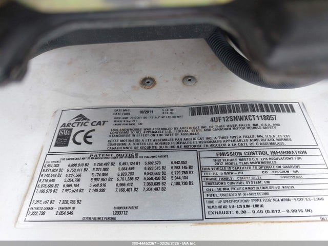 Продажа на аукционе авто 2012 Arctic Cat Xf1100 Turbo Sno Pro Ltd, vin: 4UF12SNWXCT118057, номер лота: 44452367