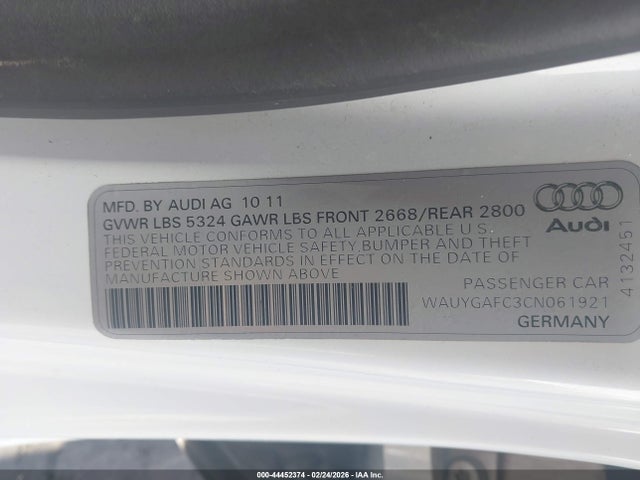 44452374 :رقم المزاد ، WAUYGAFC3CN061921 vin ، 2012 Audi A7 Premium مزاد بيع