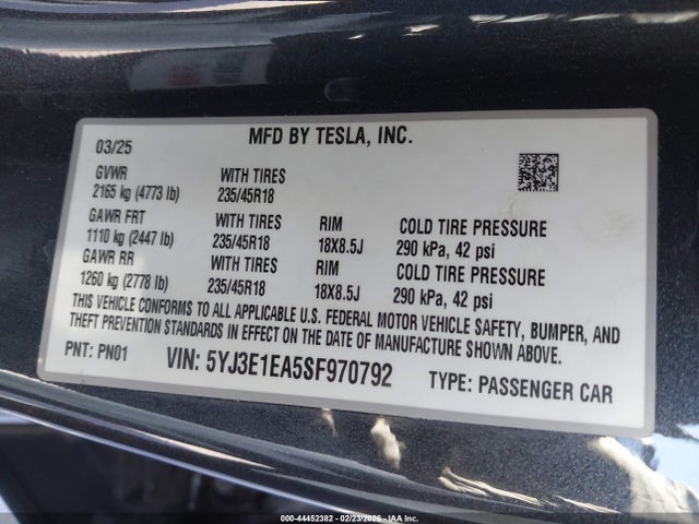 Aukcja sprzedaży 2025 Tesla Model 3 Long Range Rear-wheel Drive/standard Rear-wheel Drive, vin: 5YJ3E1EA5SF970792, numer aukcji: 44452382