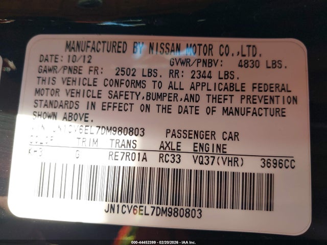 Aukcja sprzedaży 2013 Infiniti G37x, vin: JN1CV6EL7DM980803, numer aukcji: 44452399