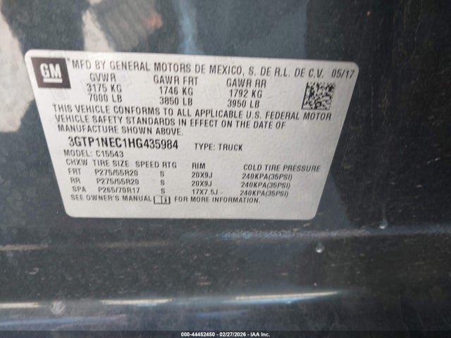 44452450 :رقم المزاد ، 3GTP1NEC1HG435984 vin ، 2017 Gmc Sierra 1500 Slt مزاد بيع