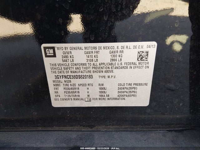 44452465 :رقم المزاد ، 3GYFNCE38DS620183 vin ، 2013 Cadillac Srx Luxury Collection مزاد بيع
