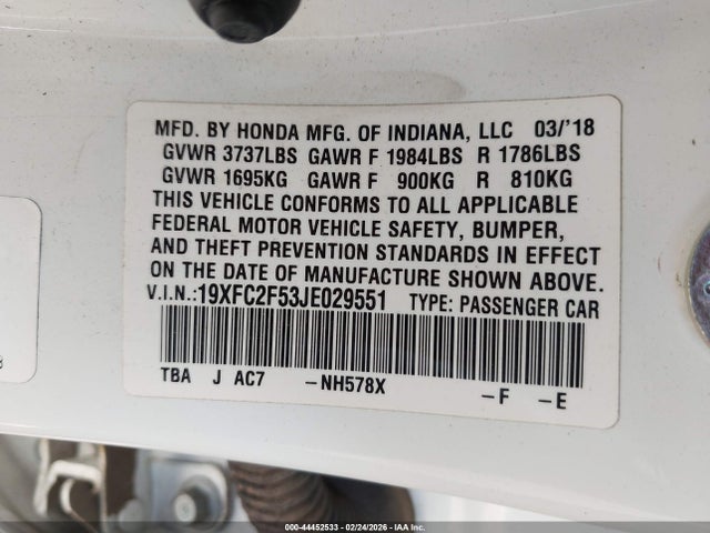 19XFC2F53JE029551 Honda Civic Lx