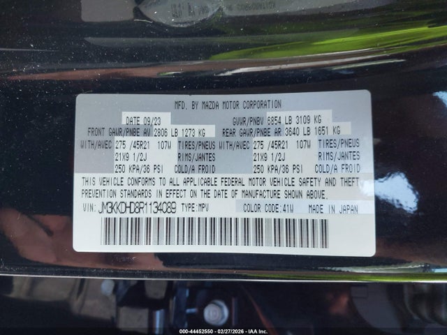 44452550 :رقم المزاد ، JM3KKDHD8R1134089 vin ، 2024 Mazda Cx-90 3.3 Turbo Premium مزاد بيع