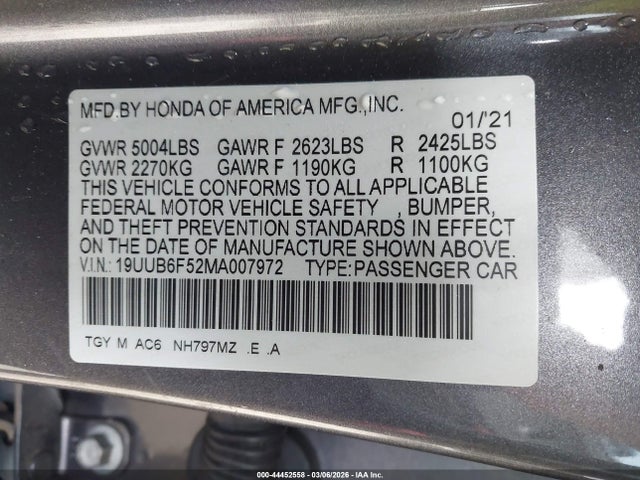 44452558 :رقم المزاد ، 19UUB6F52MA007972 vin ، 2021 Acura Tlx A-spec Package مزاد بيع
