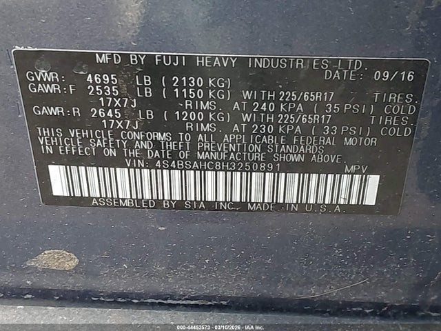 Продаж на аукціоні авто 2017 Subaru Outback 2.5i Premium, vin: 4S4BSAHC8H3250891, номер лоту: 44452573