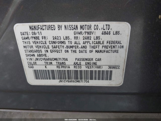 Продажа на аукционе авто 2012 Infiniti G37x, vin: JN1CV6AR4CM671704, номер лота: 44452586