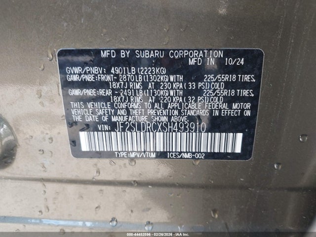 44452596 :رقم المزاد ، JF2SLDRCXSH493910 vin ، 2025 Subaru Forester Limited مزاد بيع