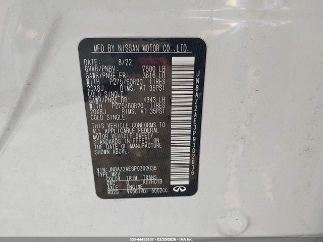 44452607 :رقم المزاد ، JN8AZ2AE3P9302036 vin ، 2023 Infiniti Qx80 Luxe Awd مزاد بيع