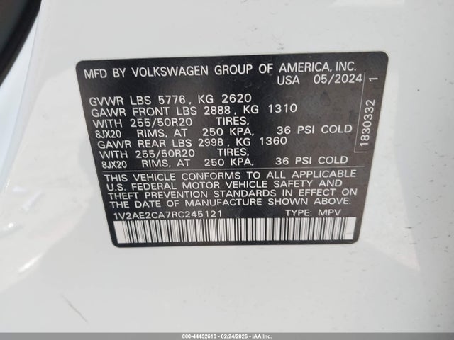 44452610 :رقم المزاد ، 1V2AE2CA7RC245121 vin ، 2024 Volkswagen Atlas Cross Sport 2.0t Sel R-line مزاد بيع