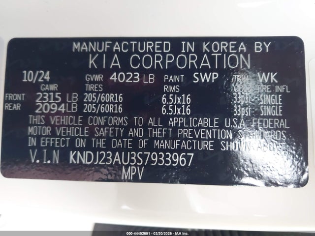 Aukcja sprzedaży 2025 Kia Soul Lx, vin: KNDJ23AU3S7933967, numer aukcji: 44452651