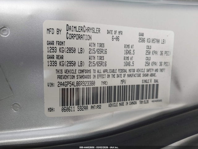 Продажа на аукционе авто 2006 Chrysler Town & Country Touring, vin: 2A4GP54L86R923380, номер лота: 44452658