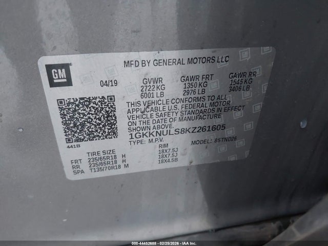 Aukcja sprzedaży 2019 Gmc Acadia Slt-1, vin: 1GKKNULS8KZ261605, numer aukcji: 44452688