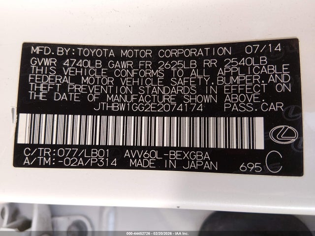 44452726 :رقم المزاد ، JTHBW1GG2E2074174 vin ، 2014 Lexus Es 300h مزاد بيع