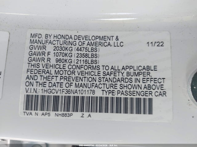 2022 HONDA ACCORD 1HGCV1F36NA101178 Photo 8