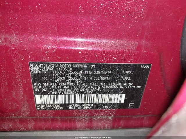 44452744 :رقم المزاد ، JTMN1RFV7ND085431 vin ، 2022 Toyota Rav4 Limited مزاد بيع