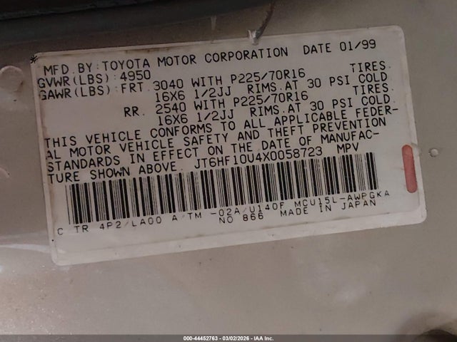 44452763 :رقم المزاد ، JT6HF10U4X0058723 vin ، 1999 Lexus Rx 300 مزاد بيع