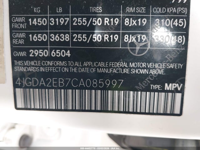 44452778 :رقم المزاد ، 4JGDA2EB7CA085997 vin ، 2012 Mercedes-benz Ml 350 Bluetec 4matic مزاد بيع