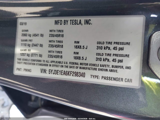 Aukcja sprzedaży 2019 Tesla Model 3 Long Range/mid Range/standard Range/standard Range Plus, vin: 5YJ3E1EA6KF298340, numer aukcji: 44452806