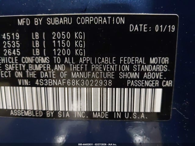 4S3BNAF68K3022938 Subaru Legacy 2.5i Premium