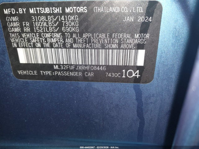 Aukcja sprzedaży 2024 Mitsubishi Mirage G4 Es, vin: ML32FUFJXRHF08446, numer aukcji: 44452867