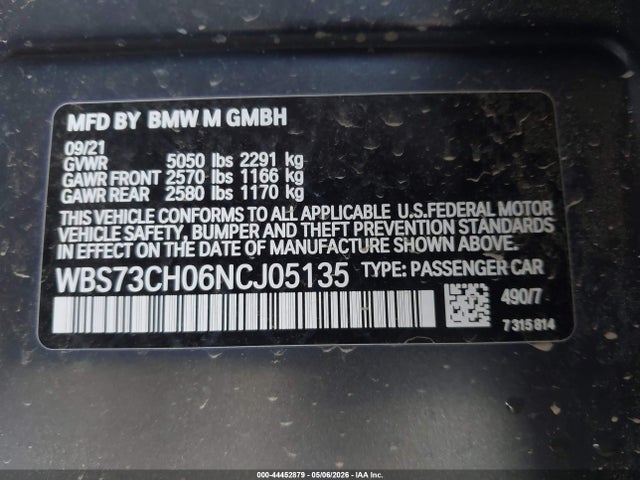 Продаж на аукціоні авто 2022 Bmw M5 Cs, vin: WBS73CH06NCJ05135, номер лоту: 44452879