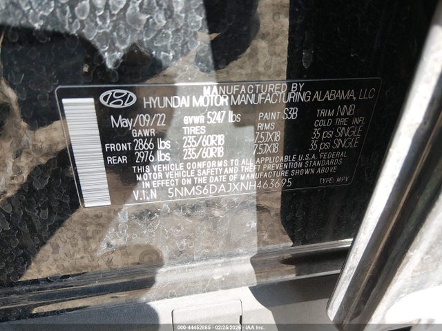 44452885 :رقم المزاد ، 5NMS6DAJXNH463695 vin ، 2022 Hyundai Santa Fe Xrt مزاد بيع