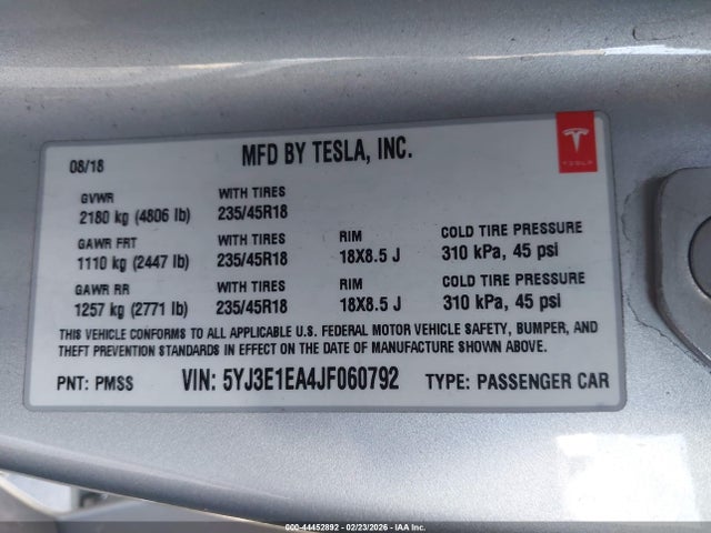 2018 TESLA MODEL 3 5YJ3E1EA4JF060792 Photo 8