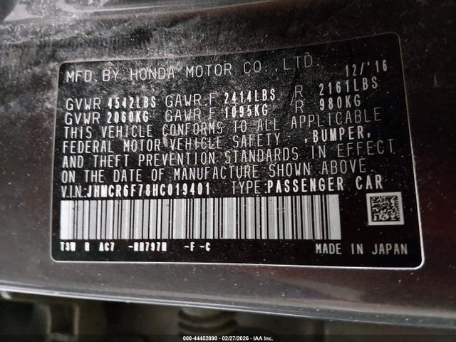 JHMCR6F78HC019401 Honda Accord Hybrid Touring