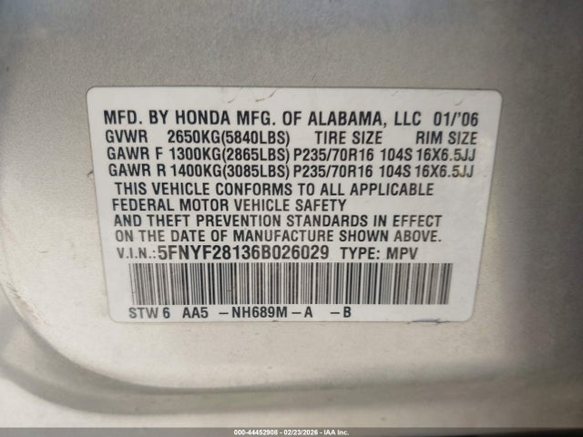 2006 HONDA PILOT 5FNYF28136B026029 Photo 8